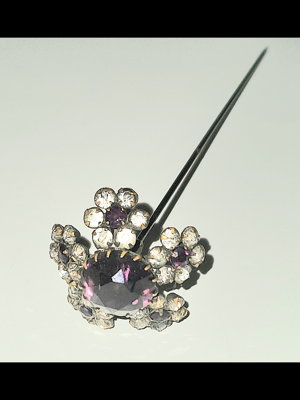 Crystal Floral HAT Pin with Purple Faceted Glass  Center Vintage Fashion